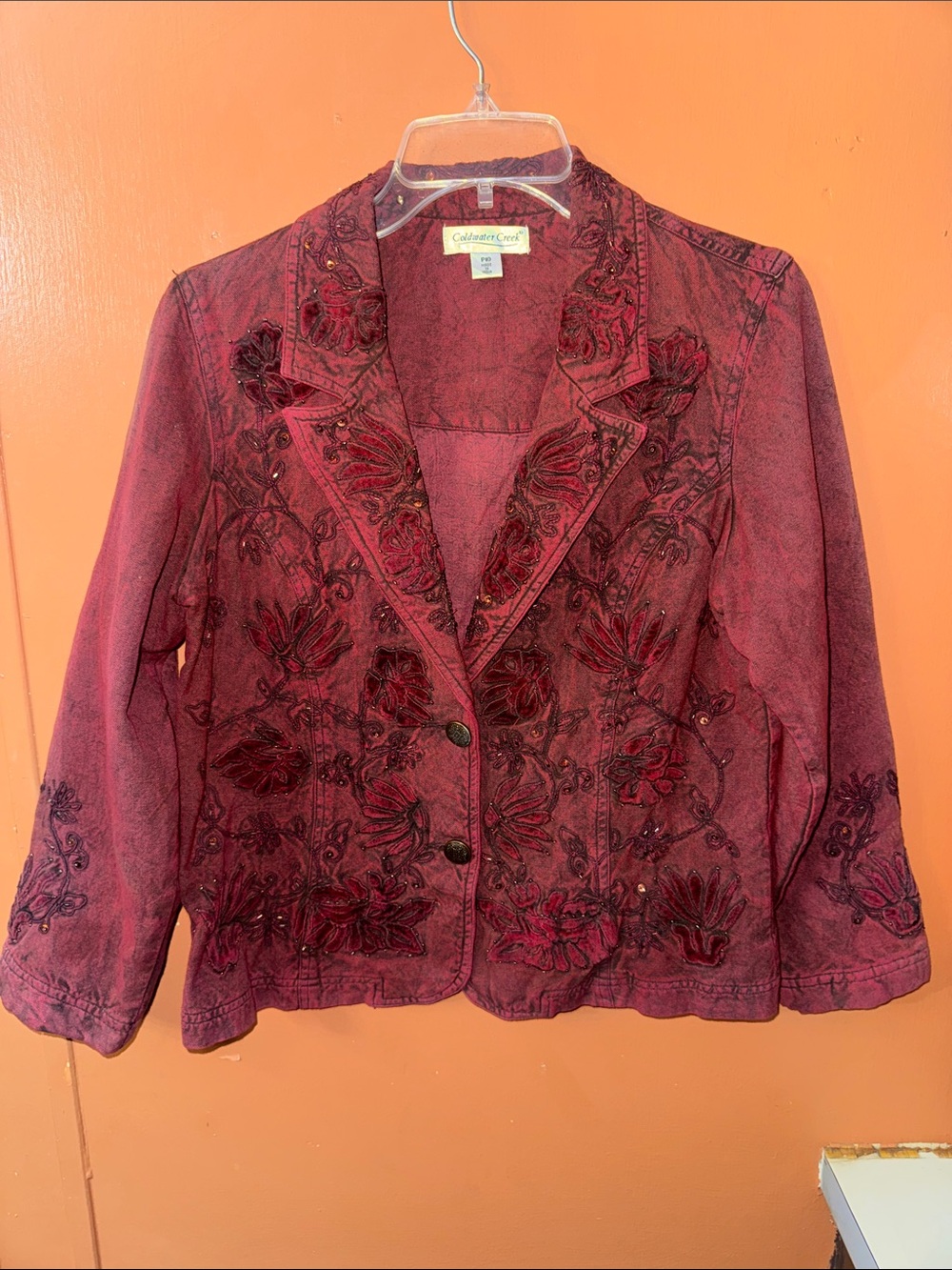 Coldwater Creek Burgundy Floral Embroidered Beaded Jacket Petite 100%cotton